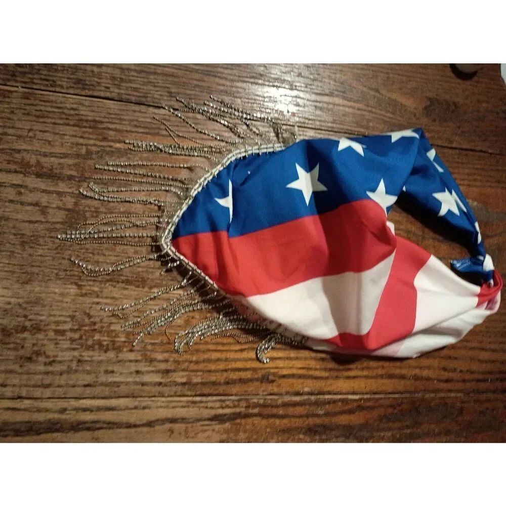 New Patriotic Stars Stripes American Flag Silver Rhinestone Scarf Wrap Bandana